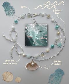 not mine Necklace Small Business, Ocean Necklace Beads, Mermaid Beaded Necklace, Small Business Art Ideas, Ocean Aesthetic Jewelry, Summer Handmade Jewelry, Sea Necklace Aesthetic, Mermaid Necklace Aesthetic, Ocean Themed Jewelry