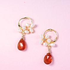 Orange Kyanite pearls drop earrings Elegant Orange Pearl Drop Jewelry, Elegant Orange Flower Earrings, Orange Teardrop Gemstone Earrings, Elegant Orange Flower Earrings For Gift, Elegant Orange Teardrop Earrings, Simple Bridal Earrings, Orange Kyanite, Kyanite Earrings, Bridal Accessory