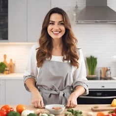 a woman standing in front of a cutting board with vegetables