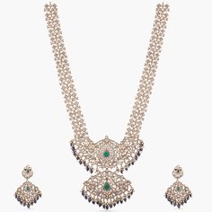 Floral Classic Moissanite Silver Long Necklace Set Elegant Meenakari Pearl Necklace For Celebration, Festive Elegant Meenakari Pearl Necklace, Festive Meenakari Pearl Necklace, Elegant Silver Jewelry Sets With Peacock Design, Elegant Temple Necklace With Stone Work, Fusion Style Peacock Design Necklace For Wedding, Elegant Diamond Temple Necklace With Intricate Design, Elegant Wedding Kundan Necklace With Filigree, Elegant Filigree Kundan Necklace For Wedding