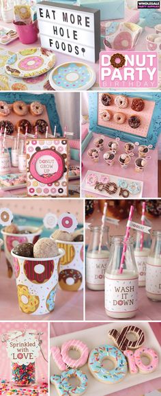 a pink and blue dessert table with donuts