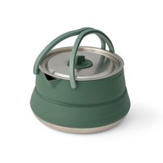 a green pot with a lid and handle is shown on a white background, it's designed to look like an open can