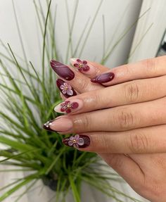 Black And Red Nails Flowers, Plum Gold Nails, Burgundy Flower Nail Designs, Almond Plum Nails, Plum Purple Nails Designs, Burgundy Floral Nails, Red Violet Nails, Erica Ha Nails, Almond Maroon Nails