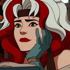 an animated image of a woman with red hair holding a book and looking at the camera