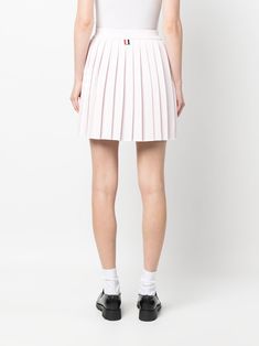 4-Bar pleated miniskirt from THOM BROWNE featuring signature 4-Bar stripe, fully pleated, high waist, above-knee length and blush pink/white. Relaxed Tennis Skirt With Accordion Pleats, Pink Accordion Pleats Skirt, Preppy Short Pleated Skirt, White Mini Skirt With Accordion Pleats For Spring, Pleated Flared Mini Skirt In Feminine Style, Feminine Relaxed Mini Pleated Skirt, Feminine Mini Pleated Skirt With Relaxed Fit, Feminine Mini Pleated Skort, Feminine Mini Pleated Skirt