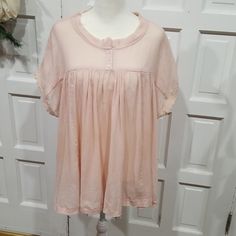 Size L, Kye Mi Brand Top. Blush Pink Voile, Baby Doll Style With Crocheted Edging On The Hem Of The Sleeves. Three Button Closure At The Neckline. Soft Beautiful Color. Feminine Short Sleeve Blouse With Crochet Trim, Feminine Crochet Trim Tops For Daywear, Feminine Short Sleeve Blouse For Loungewear, Summer Pink Tops With Lace Collar, Pink Tops With Lace Collar For Summer, Pink Tops With Lace Collar For Daywear, Pink Lace Collar Tops For Summer, Lace Trim Short Sleeve Top For Daywear, Lace Trim Top With Short Sleeves For Daywear