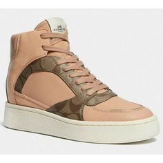 * Coach Women's High Top Sneakers * Signature Coated Canvas And Man-Made Leather Upper * Fabric Lining And Footbed * Rubber Outsole * Lace-Up Closure * Shaft: 4 1/2" Height, 10 1/4" Circumference * 2 1/2" Platform * Style: Fg4636 * Color: Khaki/Beechwood Brown Sneakers With Perforated Toe Box, Beige High-top Sneakers With Contrast Sole And Round Toe, Leather High-top Wedge Sneakers, Beige Leather High-top Sneakers, Medium Width Leather Lace-up Sneakers, Beige Low-top Fall Sneakers, Beige Low-top Sneakers For Fall, Brown High-top Sneakers With Perforated Toe Box, Beige Sneakers With Contrast Sole For Fall