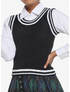 Black & White Twofer Sweater Vest & Long-Sleeve Button-Up Twofer Sweater, Plus Size Hot, Girls Sweater, Knit Sweater Vest, Her Universe, White Knit Sweater, Plus Size Fits, White Button Up, Smocked Dress