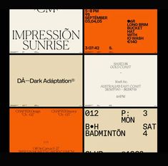 four different types of business cards with the words impression sunrise in black, orange and white