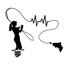 a woman catching a fish with a line drawing of a dog on the other side