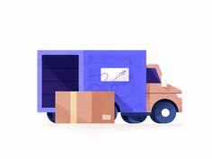 a blue truck with cardboard boxes on the front and side, is shown against a white background