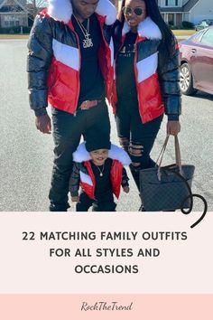 A family wearing matching red and black winter outfits stands together outdoors. Being Together, Family Units