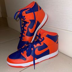 Mens Nike Dunk High Retro - Knicks Blue Low-top Custom Sneakers For Sports Events, Nike Orange Casual High-top Sneakers, Nike Sporty Custom Orange Sneakers, Nike Custom Orange Sneakers With Cushioned Footbed, Nike Orange Lace-up High-top Sneakers, Orange Sporty Custom Sneakers With Boost Midsole, Casual Nike Orange High-top Sneakers, Orange Low-top Custom Sneakers, Sporty Orange Low-top Custom Sneakers