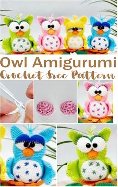 an owl amigurmi crochet ornament is shown in four different colors