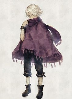 a drawing of a person with white hair and black pants, wearing a purple cape