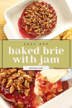 Creamy baked brie with jam is an easy holiday appetizer made with just 3 ingredients! Learn how to make this melty crowd-pleasing dish. https://www.stetted.com/baked-brie-with-jam/ Brie With Jam, Baked Brie With Jam, Easy Baked Brie, Pretzel Thins, Brie Puff Pastry, Holiday Appetizers Easy