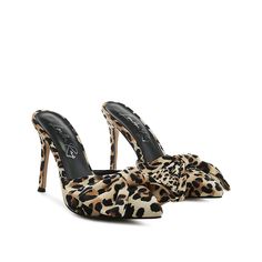 London Rag-Joelle Pump Be on the flirty side with these satin heels from London Rag. The Joelle captures a mood with the bow-tied toe, leopard design, and tall stiletto heel. The backless mule styling makes this pair easy slip on. Cheetah Print Heels, Brunch Dress, Leopard Print Shoes, High Heel Mules, Heel Mules, Bow Heels, Satin Heels, Big Bow, Brown Leopard