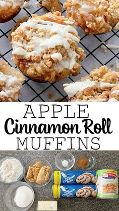 apple cinnamon roll muffins with white icing on top and an image of apples in the background