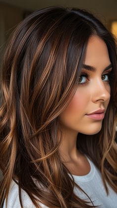 Brown Balayage Ideas That Will Make You Swoon! 🤩✨Brunette Brilliance: Get the Ultimate Hair Makeover🌟 Luscious Dark Brown Balayage Ideas to Dazzle Everyone! 💁‍♀️✨ So, get ready to Transform Your Look with the Latest Trend🔥 Dark Brown Balayage! 💇‍♀️✨ #BalayageGoals #HairTrendsetter #DarkBrownMagic #BalayageBeauties #DarkDelight #HairInspo #BrunetteBalayage #BalayageBeauty #DarkBrownDelight #SunKissedBrunette #BalayageHighlights #HairColorTrends #NaturalHairGoals #LowMaintenanceStyle #HairInspiration #StylishStrands Different Colour Highlights, Brown Highlights For Dark Brown Hair, Hair Dark Brown Highlights, Dark Brown Autumn Hair, Highlights For Brunette, Dark Long Hair With Highlights, Hair Colors For Dark Brown Hair, Brunette Fall Hair Color, Baylage Hair Brunette