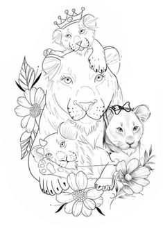 a drawing of two lions and a lion with flowers on their head, in the middle of