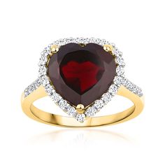 Ross-Simons - 5.00ct Garnet Heart Ring, .60ct t. w. White Topaz Over Sterling. Size 8. Sweeten up to this stellar gemstone ring, showing off a 5.00 carat heart-shaped garnet bordered in .60 ct. t. w. white topaz rounds. Finely crafted in polished 18kt yellow gold over sterling silver. 1/2" wide. White topaz and garnet heart ring. Garnet birthstones are the perfect gift for January birthdays. Garnet Heart, Garnet Birthstone, Garnet Rings, Arm Candy, White Topaz, Gemstone Ring, Garnet, Heart Ring, Topaz