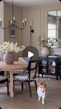 a dog standing in front of a dining room table with chairs and vases on it