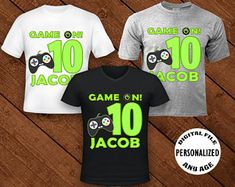 three t - shirts that say game on and jacob