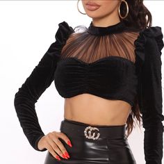 Black Velvet Ruffle Long Sleeve Crop Top. Mesh Top And Zipper Back. Fashionnova Never Worn With Tags. Size Large Stretch Ruffle Blouse For Night Out, Chic Evening Crop Top With Ruffles, Chic Crop Top For Club In Fall, Chic Fall Crop Top For Club, Flirty Ruffled Crop Top For Night Out, Elegant Spring Club Blouse, Elegant Club Blouse For Spring, Elegant Ruffled Crop Top For Party, Flirty Ruffled Blouse For Night Out