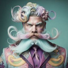 a man with pastel hair and mustaches on his face is wearing a suit