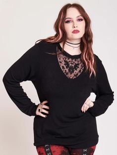 Bat Embroidered Lightweight Sweater Model With Black Hair, Brown Pink Hair, Spiderweb Sweater, Brown And Pink Hair, Fishnet Long Sleeve Top, Halloween Plus Size, Goth Plus Size, Villain Era, Goth Outfit Ideas