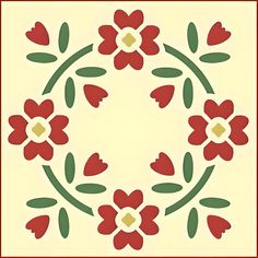 a circular design with red flowers and green leaves on it's sides, in the center is a yellow background