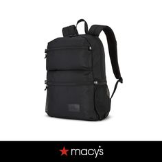 a black backpack is shown with the name macy's written in red on it