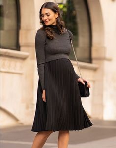 Charcoal Pleated Maternity & Nursing Dress | Seraphine Classy Pregnancy Outfits, Maternity Work Clothes, Fashion Maternity, Pregnancy Fashion, Maternity Nursing Dress, Cute Maternity Outfits, Stylish Maternity Outfits, Fall Maternity, Pregnancy Looks