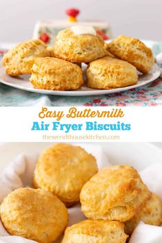 some biscuits are in a white bowl and on a blue table cloth with the words easy buttermilk air fryer biscuits