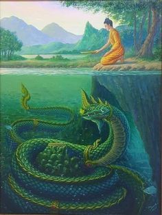 a painting of a man sitting on the edge of a cliff next to a snake