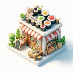 a sushi shop with sushi on the roof