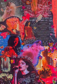 a collage of various images and words on a piece of paper with writing all over it