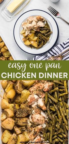 This easy one pan green bean, chicken & potato dinner takes no time to throw together and you don’t have to dirty dozens of dishes to do it! The savory herbs on buttery bites of roasted potatoes, chicken & green beans are sure to satisfy a hungry family and make this easy weeknight dinner a winner that you will want to make over and over! | one pan chicken dinner | one pan chicken dinner healthy | one pan chicken dinner recipes | one pan baked chicken dinner | chicken potato green bean recipe Pan Green Beans, Potatoes Chicken, Chicken Green Beans, Chicken Potato, Bean Recipe, Potato Dinner, One Pan Chicken, Healthy Chicken Dinner, Savory Herb