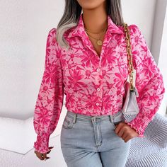 Aminah - Pink Floral Bishop Sleeve Blouse - Model Mannequin Womens Blouses Casual, Bishop Sleeve Blouse, Chiffon Fashion, Floral Print Shirt, Turndown Collar, Women Sleeve, Belleza Natural, Casual Blouse, Collar Shirts