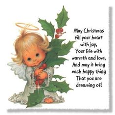 a christmas card with an angel holding holly leaves