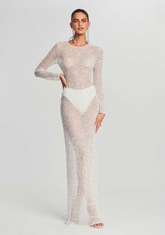 Heidi Sequin Dress – Retrofete Rhianna Sheer Dress, Sheer Sequin Wedding Dress, Clear Long Sleeve Dress, Cosmic White Dress, Sheer Glam Dress, Luxury Diamond Dress, See Thru Diamond Dress, Long White Rhinestone Dress, Net Sequin Dress