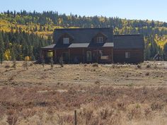 a large log house sitting on top of a dry grass covered field next to a forest