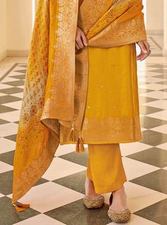 Mustard Designer Embroidered Jacquard Party Wear Pant Suit-Saira's Boutique Elegant Brocade Palazzo Set With Straight Kurta, Elegant Unstitched Banarasi Silk Palazzo Set, Elegant Jacquard Sets For Festive Occasions, Fitted Gold Sets With Zari Weaving, Elegant Festive Jacquard Sets, Elegant Jacquard Set With Dupatta, Party Sets With Unstitched Zari Weaving, Brocade Salwar Kameez With Chikankari Embroidery, Elegant Zari Weaving Straight Kurta Set