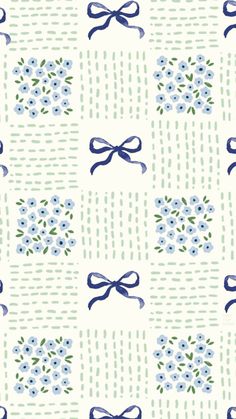 a blue and white flower pattern with a bow on the front, in an off - white background