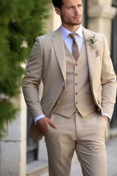 Mens Three Piece Suit Wedding Grooms, Creme Groom Suit, Cream Groom Suit Wedding, Greek Wedding Suit Grooms, Beige Colour Suit For Men, White And Brown Groom Suit, Male Wedding Suits Groom Attire, Champagne Wedding Suit, Ivory Wedding Suit