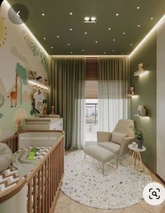 a baby's room with a crib, rocking chair and wallpaper on the walls