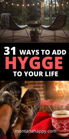 Two photos.  The top photo is two chairs with a fire pit and fairy lights.  Bottom picture is slippers with a mug of coffee, and fireplace. Hygge Spring, Hygge Lifestyle Inspiration, Hygge Summer, Hygge Tips, Hygge Ideas, How To Hygge, Hygge Inspiration, Cozy Lifestyle