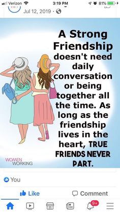 two women standing next to each other in front of a blue background with the words, strong friend doesn't need daily conversation