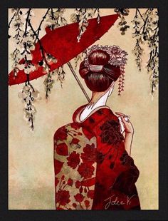 a woman in a kimono holding an umbrella under a tree with flowers on it