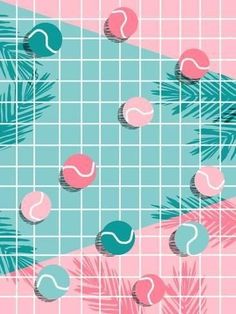 tennis balls and palm leaves on a blue, pink and green background with white squares